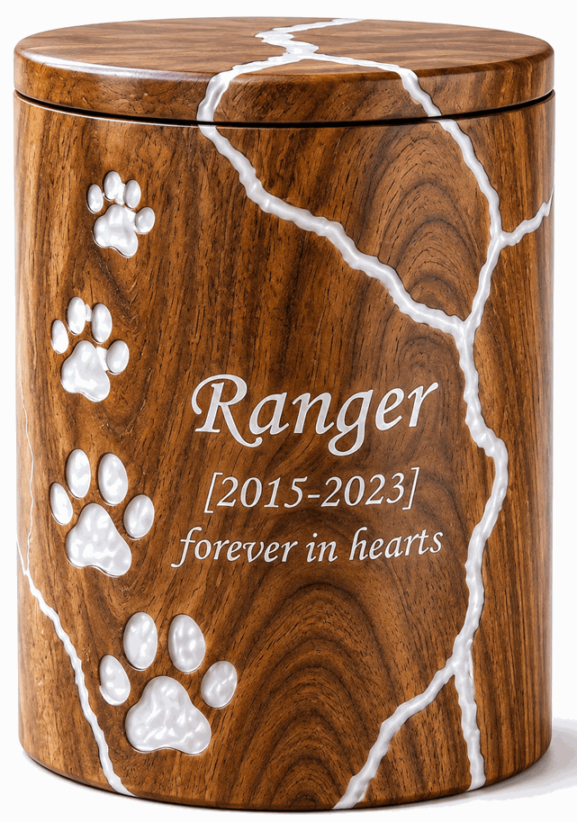 Cylindrical Cremation Urn with black fractal engraving