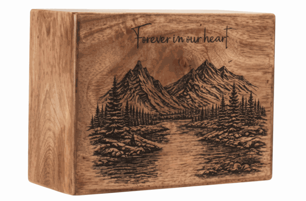 Wooden – Rustic Memorial Ashes  Cremation Urn with Landscape