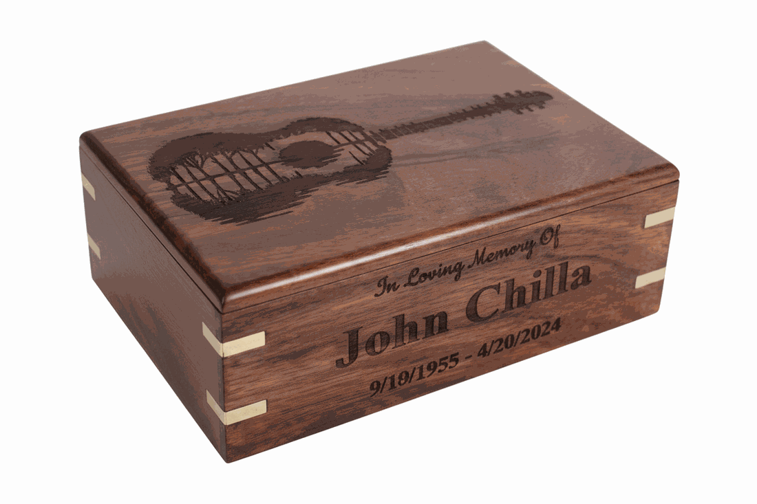Personalized Guitar Themed Wooden Cremation Urn