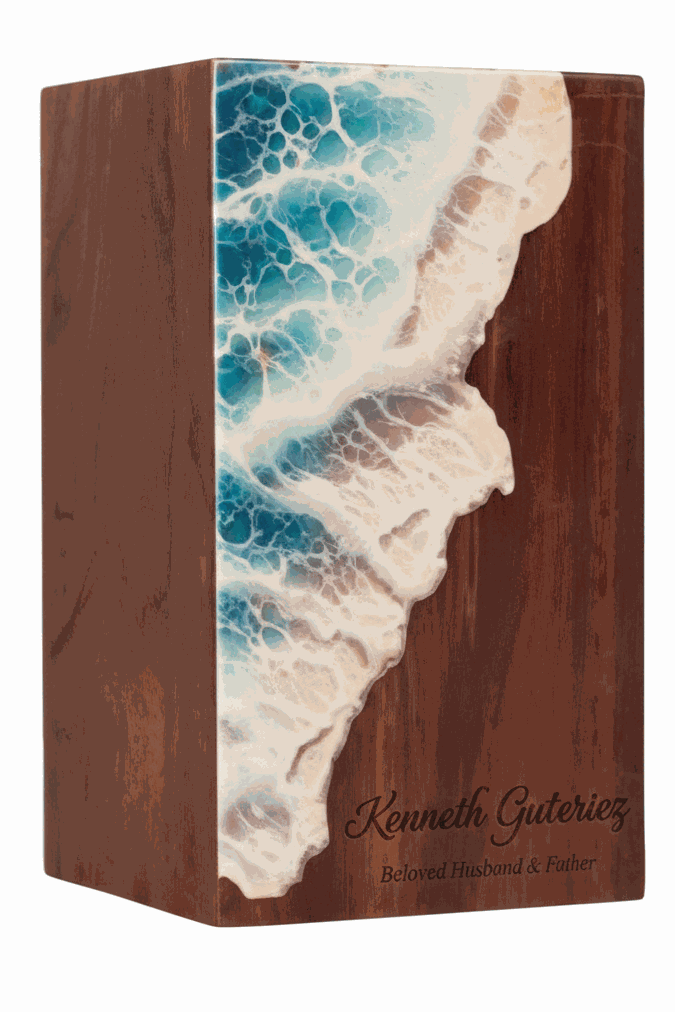 Wooden Cremation Urn with Ocean Wave Resin Inlay