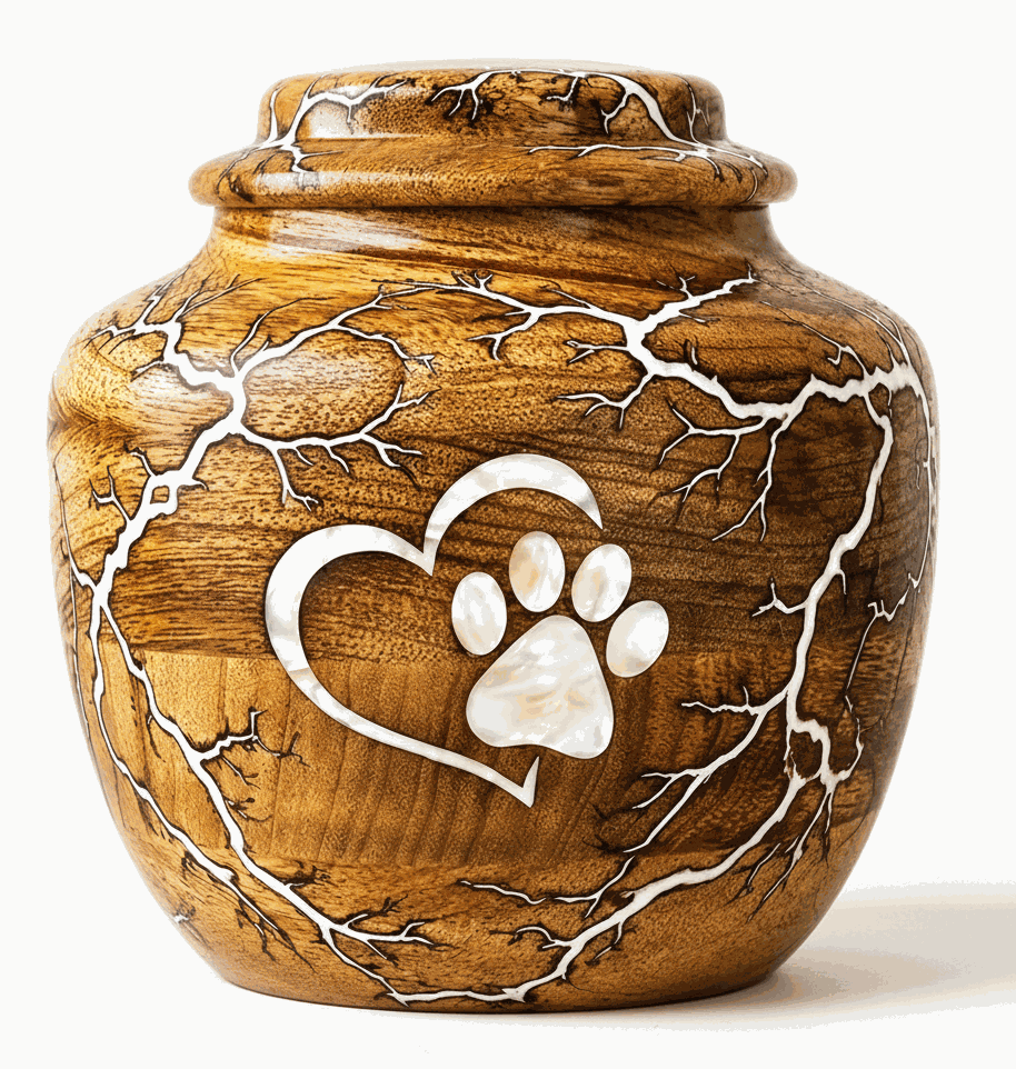 Round Cremation Urn with white paw Lichtenberg Resin