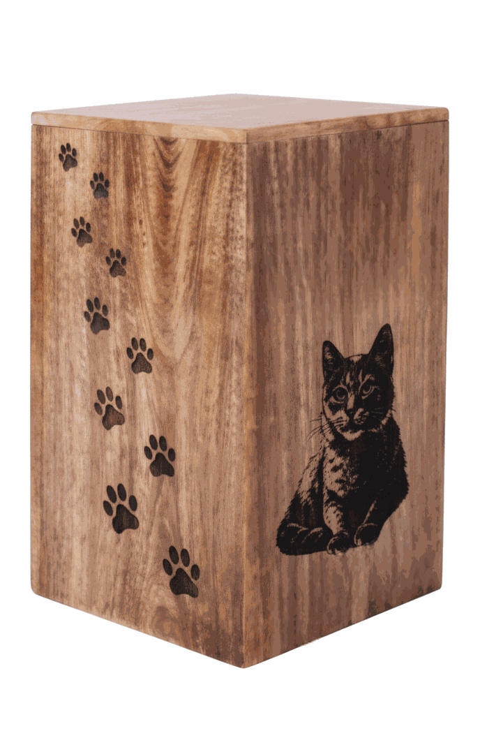Wooden Cat Cremation Urn with Paw Print Design