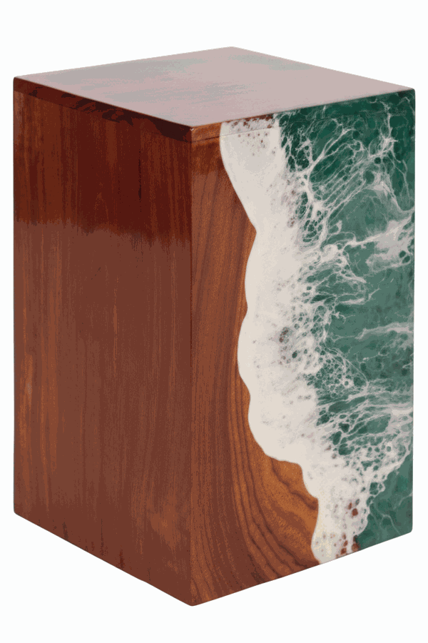 Wooden Cremation Urn with Ocean Wave Resin Inlay