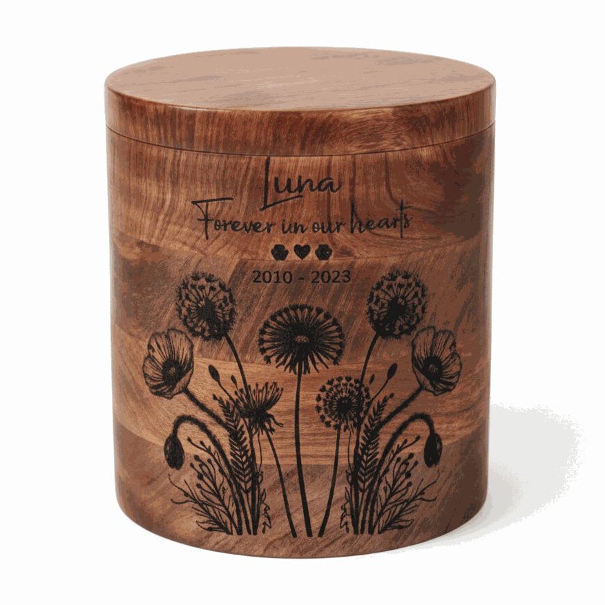 Personalized Wooden Cremation Urn – Floral Dandelion Design