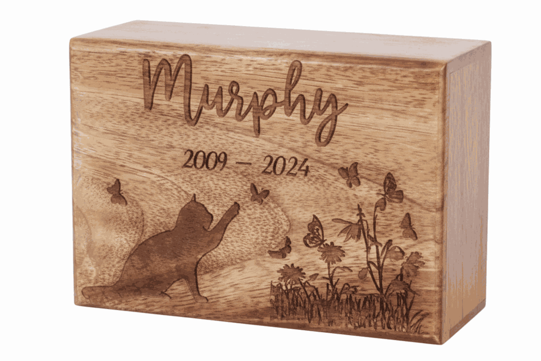 Personalized Wooden Cat Cremation Urn – Memorial Pet Ashes Urn with Cat & Nature Design