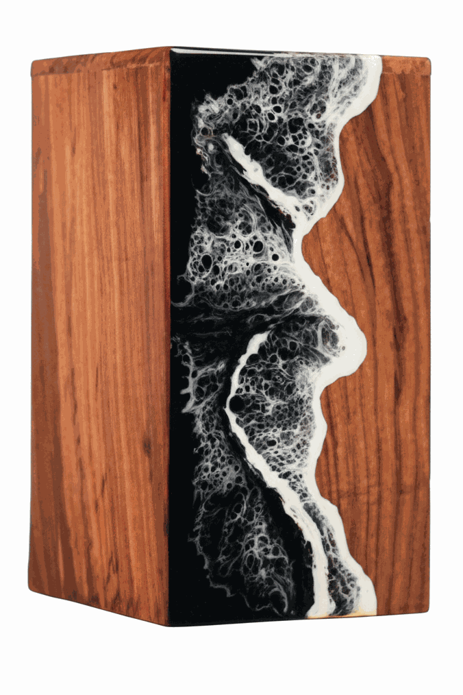 Wooden Cremation Urn with Black and White Resin Inlay