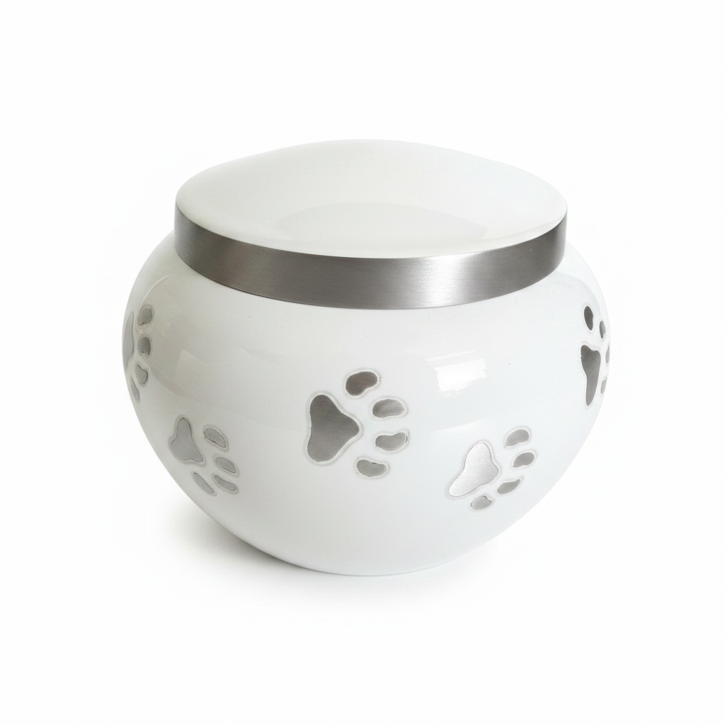 Bowl Shape Paw Engraved Pet Cremation Urn White
