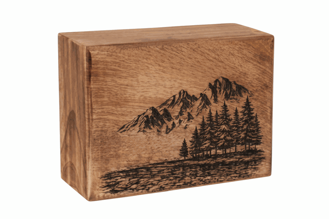 Wooden – Rustic Cremation Urn with Mountain Landscape