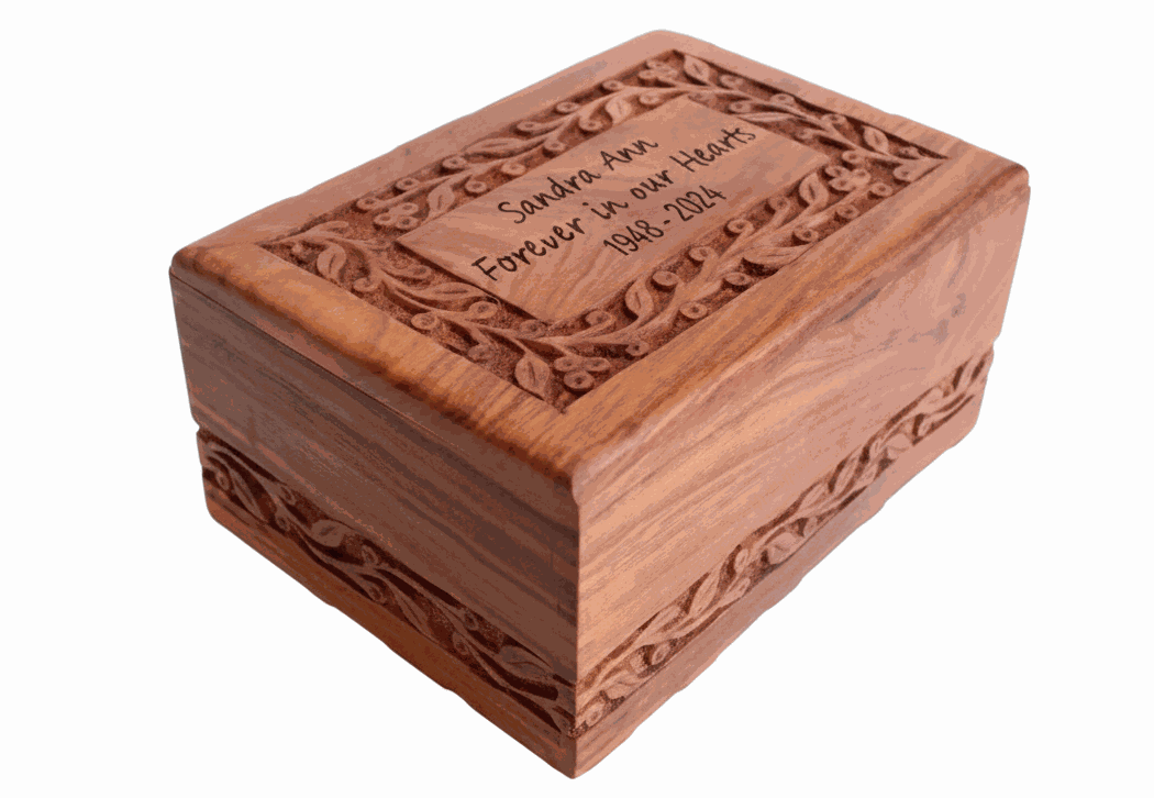 Handcrafted Wooden Cremation Urn – Ornate Floral