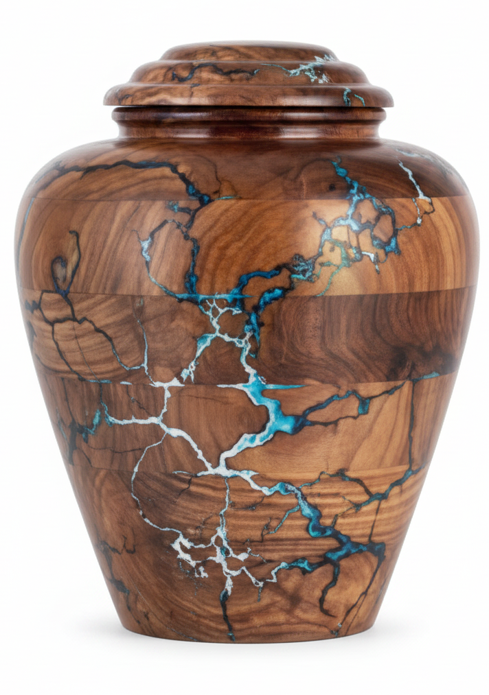 Wooden Cremation Urn with Turquoise Resin Inlay