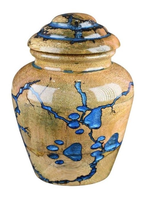 Wooden Pet Memorial Urn with Blue Paw Print Inlay