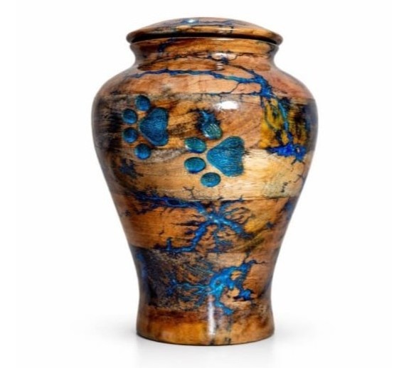 Wooden Pet Memorial Urn with Blue Paw Print Inlay