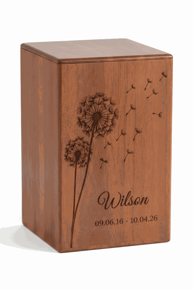 Handcrafted Wooden Cremation Urn with Dandelion Flower Engraved